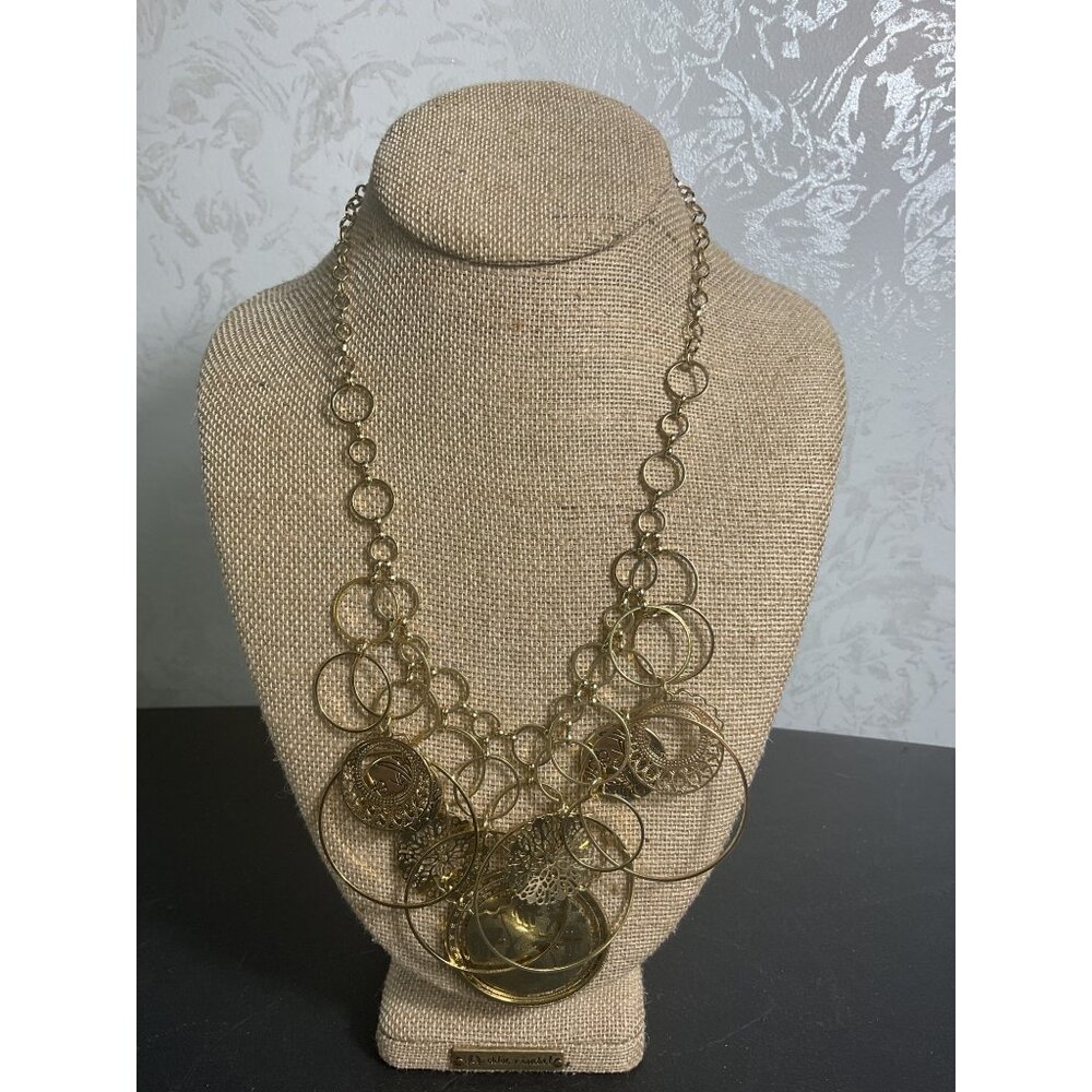 Gold Tone Circular Dangle Necklace With Intricate Design & Adjustable Clasp